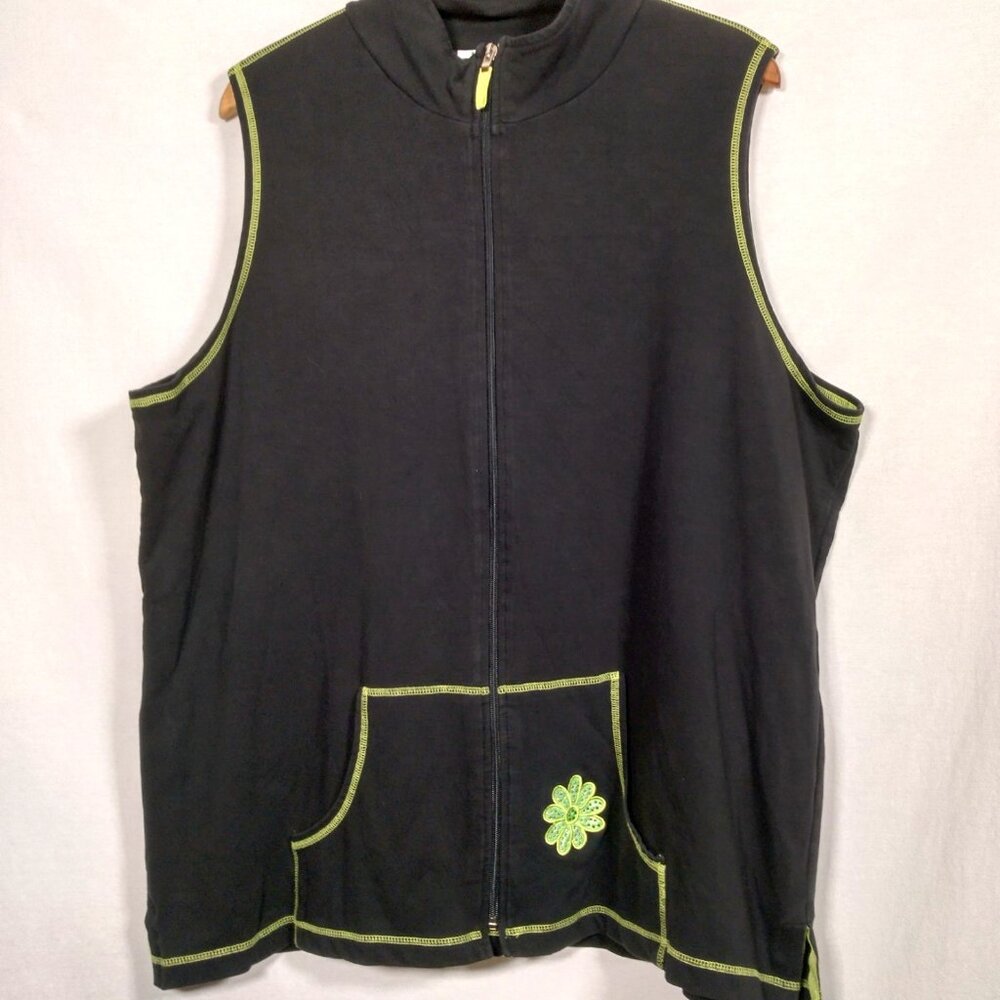 The Quacker Factory Vest Plus Size 1X Black Neon Green Stitching Daisy Bling Zip